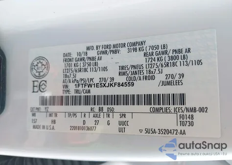 2018 Ford F-150 Lariat from USA, damaged, VIN 1FTFW1E5XJKF84559